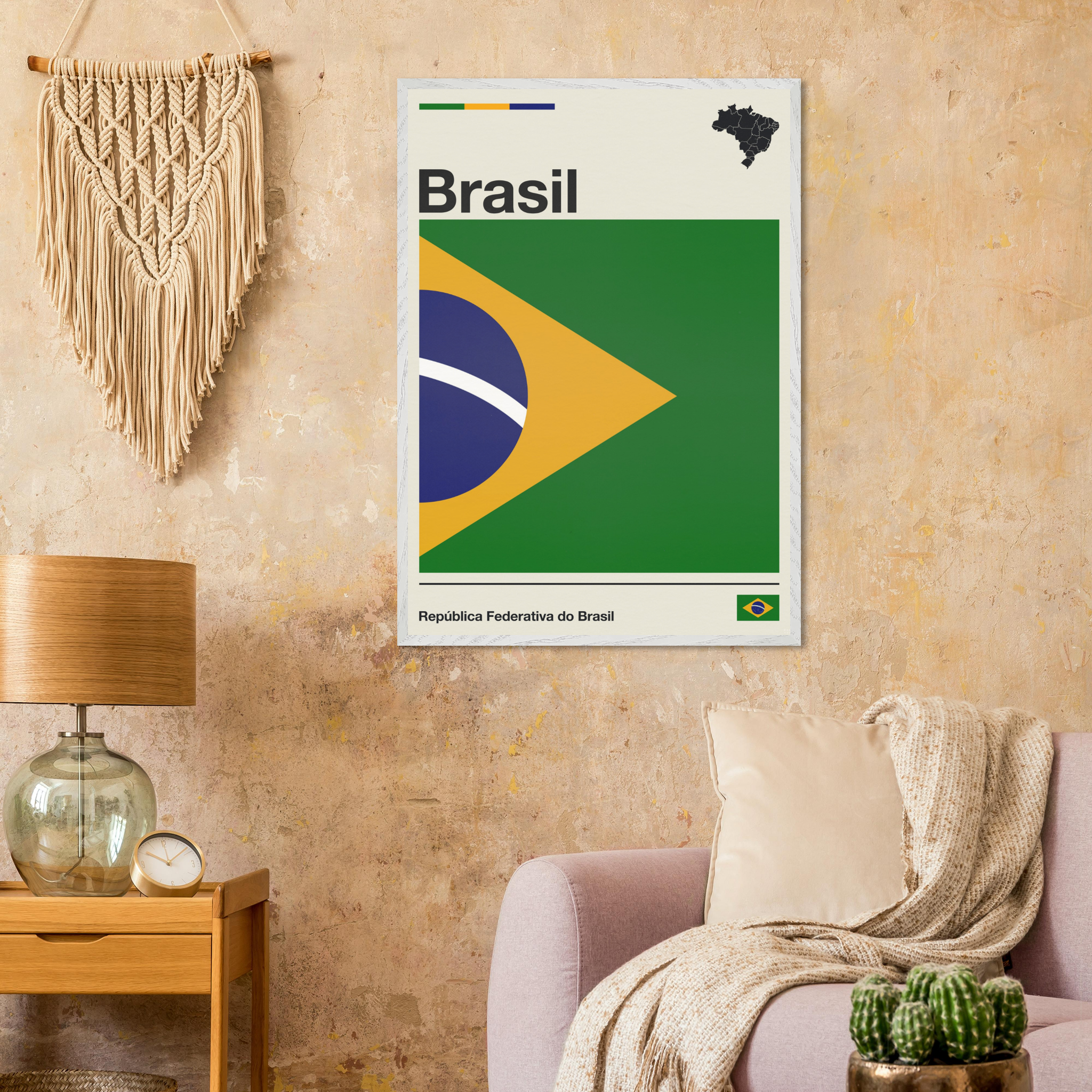Minimalist fine art framed poster of the Brazil flag with modern geometric layout and typography, size 70x100 cm in a natural wooden frame.