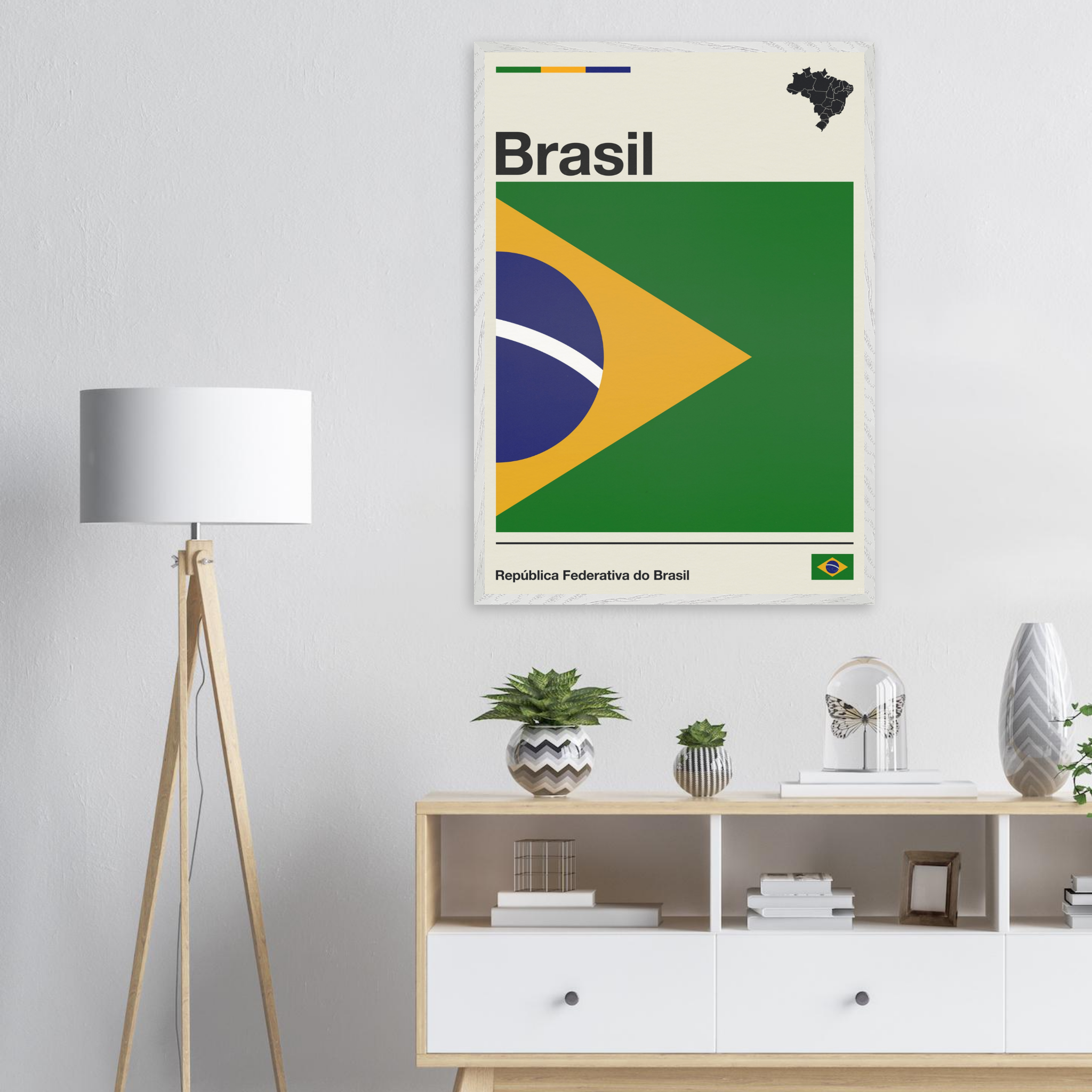 Minimalist fine art framed poster of the Brazil flag with modern geometric layout and typography, size 70x100 cm in a natural wooden frame.