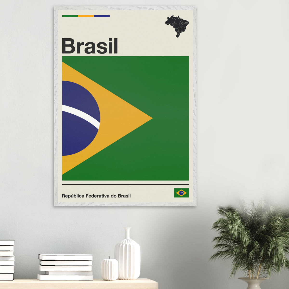 Minimalist fine art framed poster of the Brazil flag with modern geometric layout and typography, size 70x100 cm in a natural wooden frame.