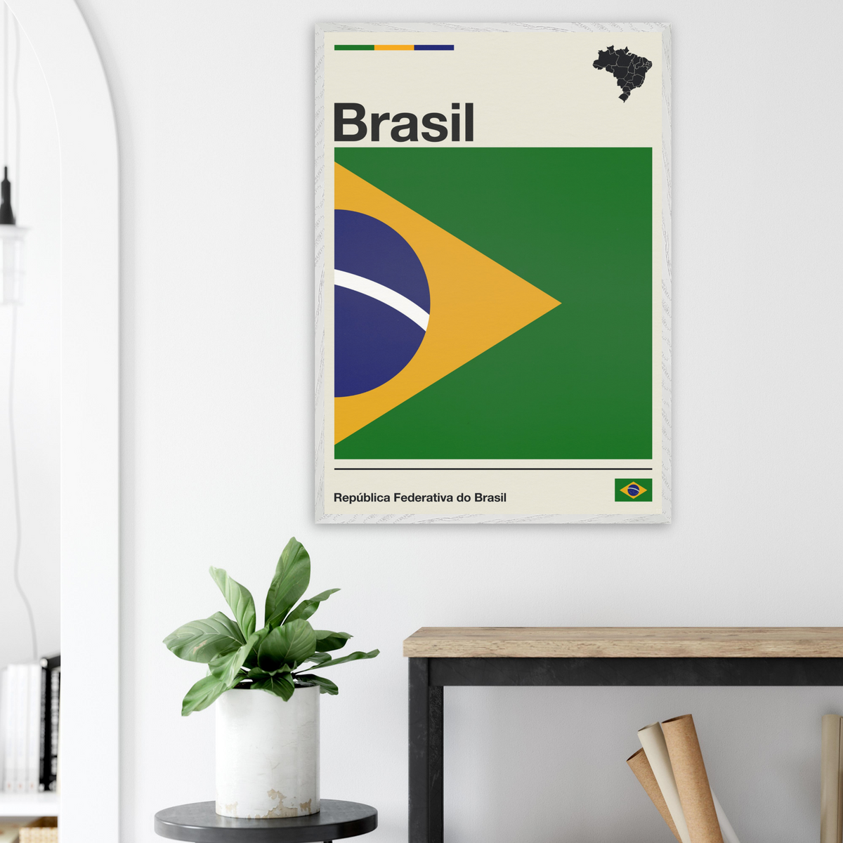 Minimalist fine art framed poster of the Brazil flag with modern geometric layout and typography, size 70x100 cm in a natural wooden frame.