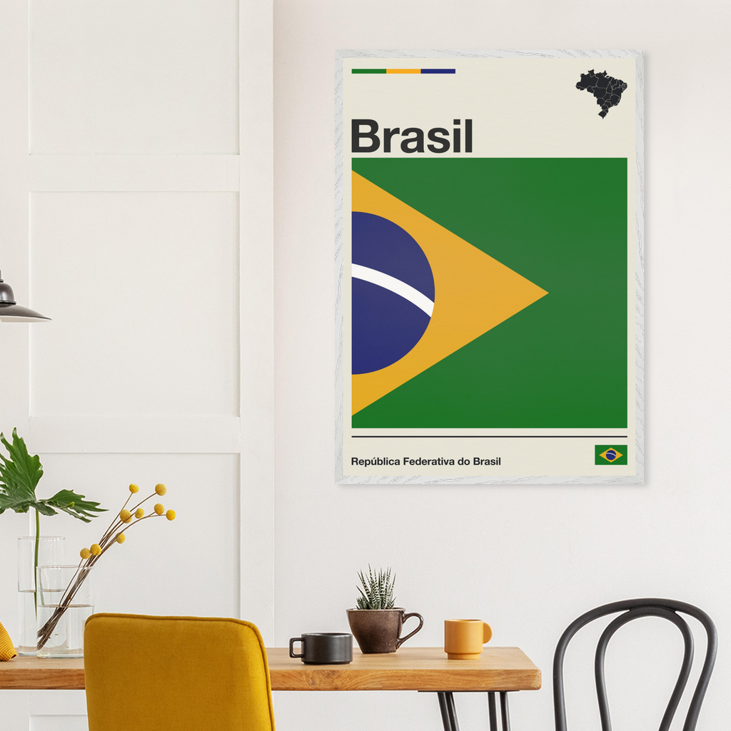Minimalist fine art framed poster of the Brazil flag with modern geometric layout and typography, size 70x100 cm in a natural wooden frame.
