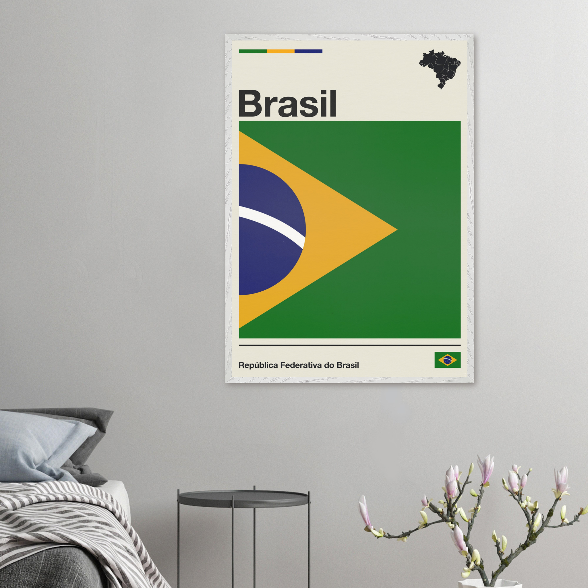 Minimalist fine art framed poster of the Brazil flag with modern geometric layout and typography, size 70x100 cm in a natural wooden frame.