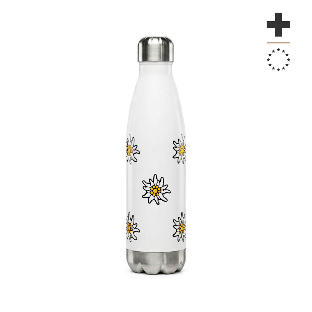Insulated white stainless steel water bottle featuring a scattered pattern of yellow and white Edelweiss flowers with a small Swiss cross flag at the bottom.