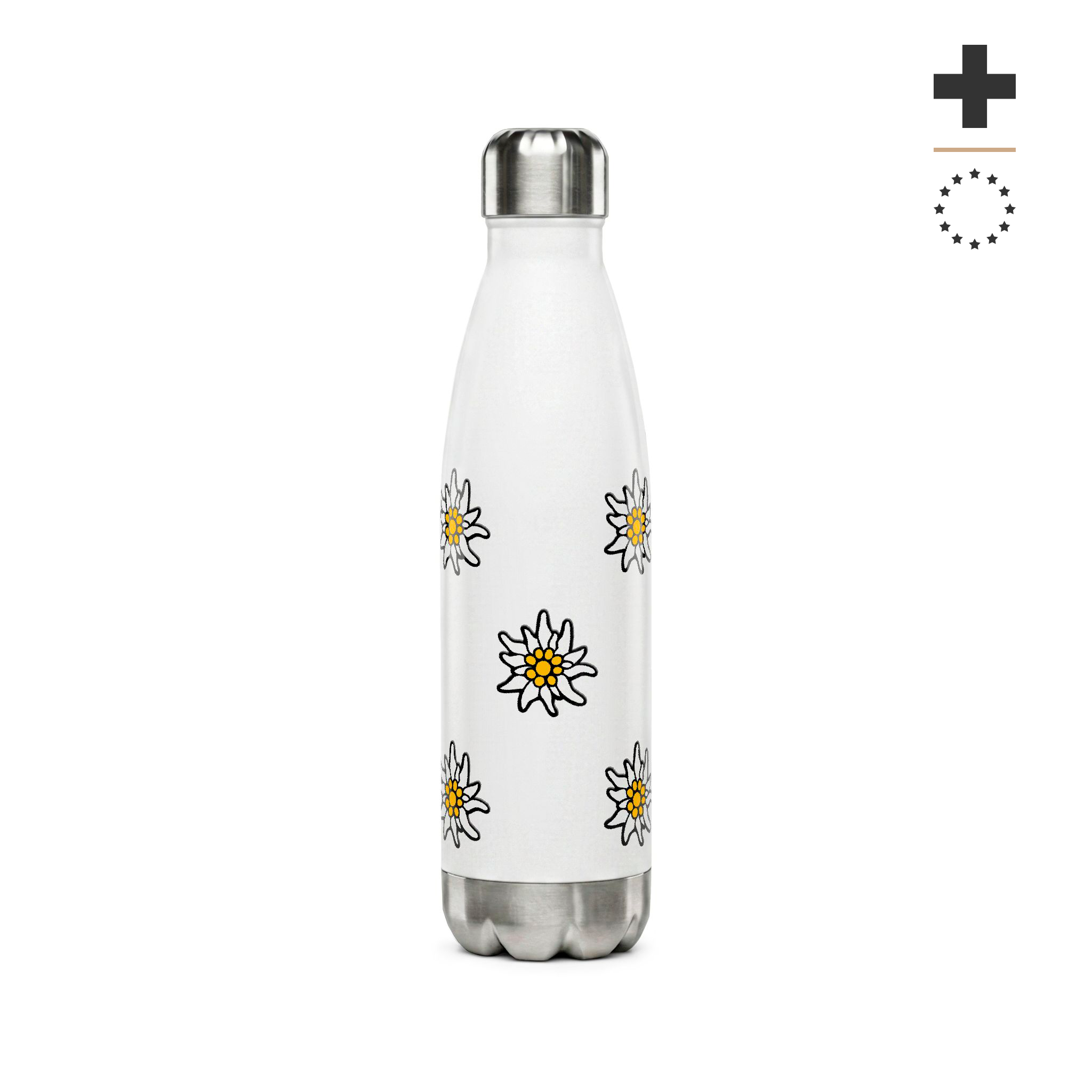 Insulated white stainless steel water bottle featuring a scattered pattern of yellow and white Edelweiss flowers with a small Swiss cross flag at the bottom.