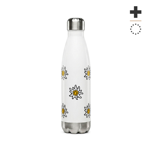 Insulated white stainless steel water bottle featuring a scattered pattern of yellow and white Edelweiss flowers with a small Swiss cross flag at the bottom.