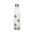 Insulated white stainless steel water bottle featuring a scattered pattern of yellow and white Edelweiss flowers with a small Swiss cross flag at the bottom.