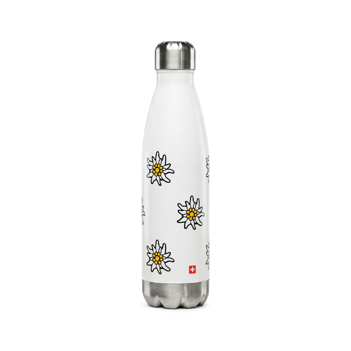 Insulated white stainless steel water bottle featuring a scattered pattern of yellow and white Edelweiss flowers with a small Swiss cross flag at the bottom.