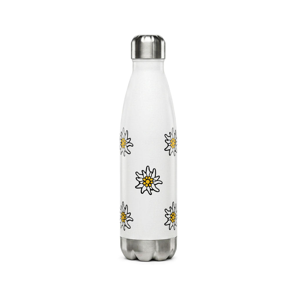 Insulated white stainless steel water bottle featuring a scattered pattern of yellow and white Edelweiss flowers with a small Swiss cross flag at the bottom.