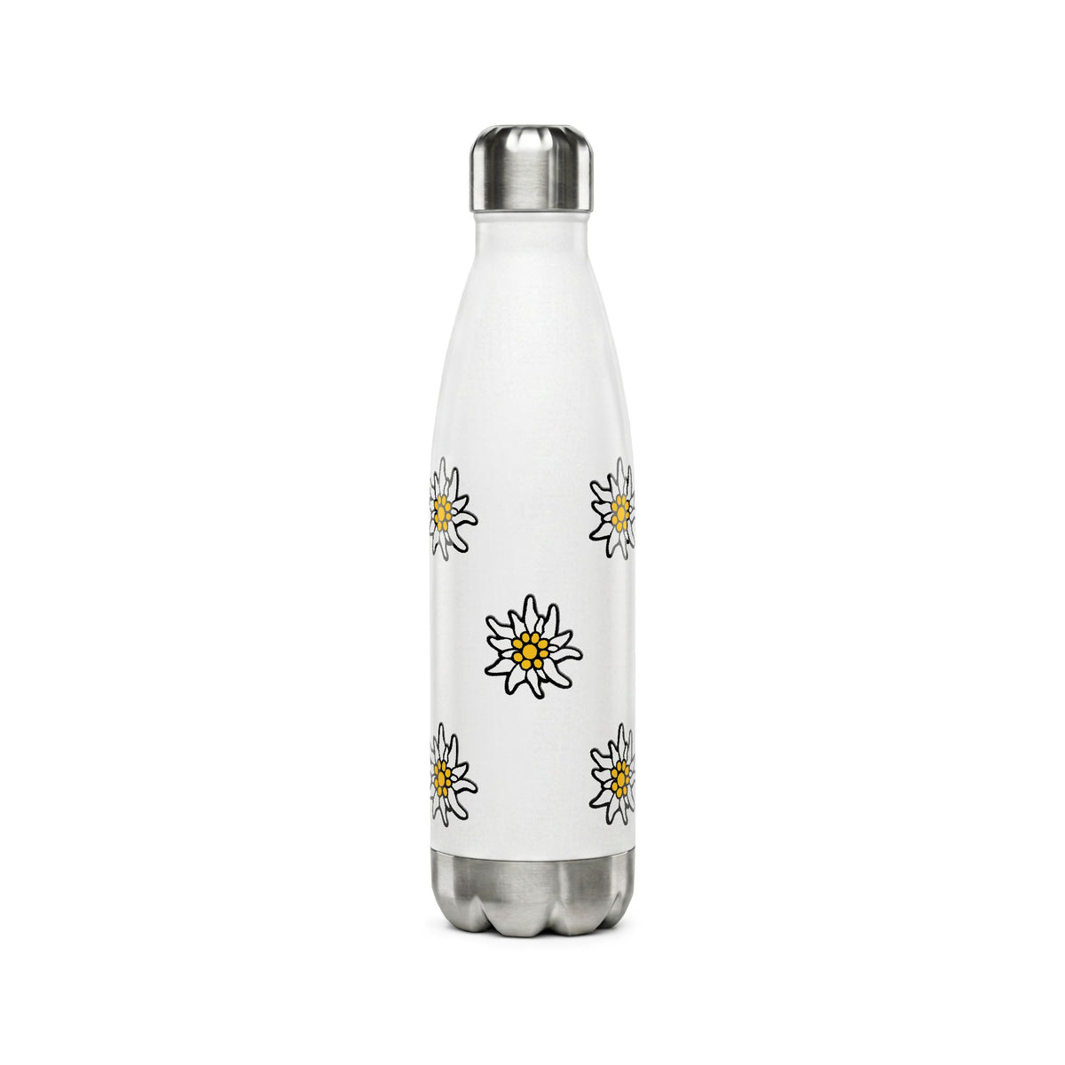 Insulated white stainless steel water bottle featuring a scattered pattern of yellow and white Edelweiss flowers with a small Swiss cross flag at the bottom.
