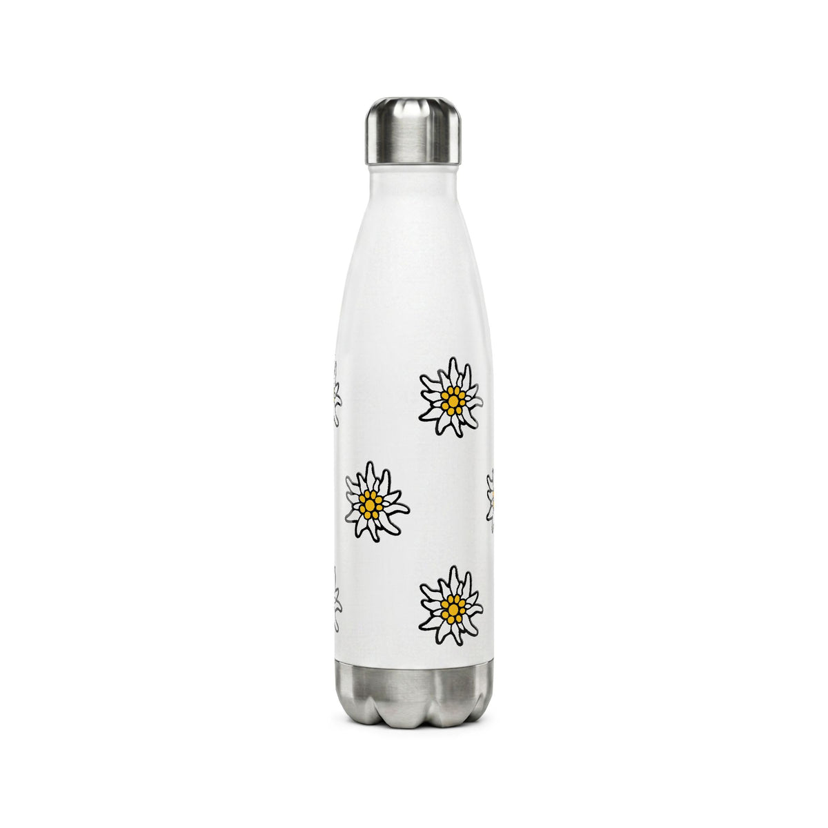 Insulated white stainless steel water bottle featuring a scattered pattern of yellow and white Edelweiss flowers with a small Swiss cross flag at the bottom.