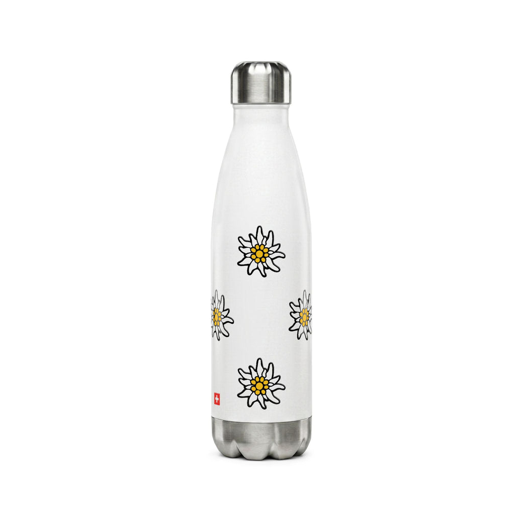 Insulated white stainless steel water bottle featuring a scattered pattern of yellow and white Edelweiss flowers with a small Swiss cross flag at the bottom.