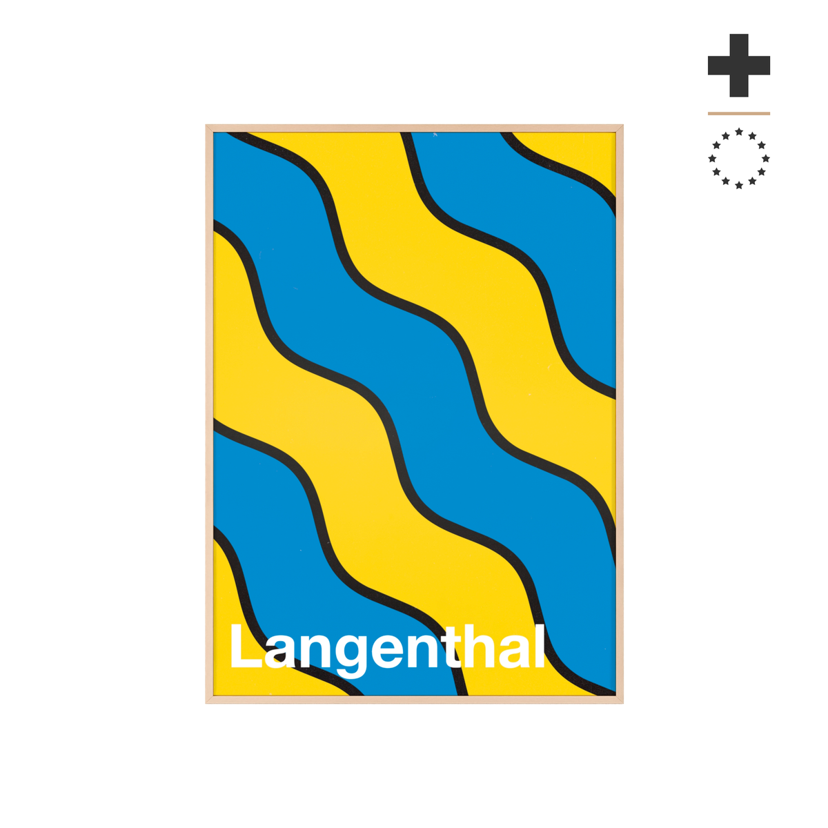 Minimalist framed poster of the Langenthal coat of arms featuring blue and yellow wavy stripes, set in a natural wood frame on an interior console table.
