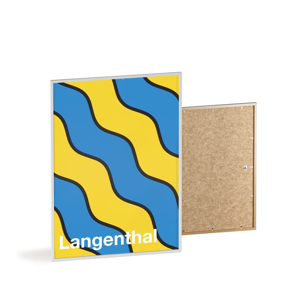 Minimalist framed poster of the Langenthal coat of arms featuring blue and yellow wavy stripes, set in a natural wood frame on an interior console table.