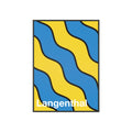 Minimalist framed poster of the Langenthal coat of arms featuring blue and yellow wavy stripes, set in a natural wood frame on an interior console table.