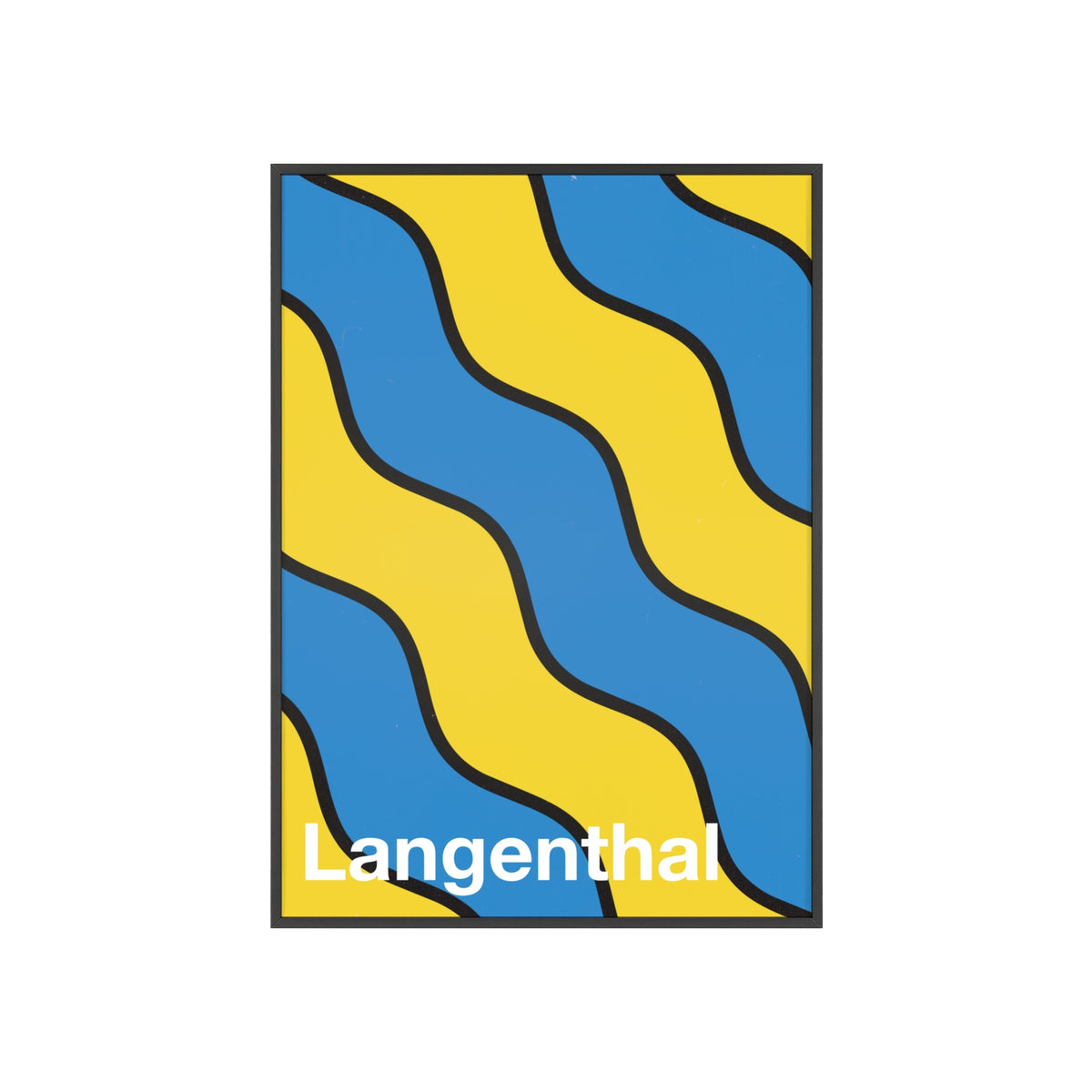 Minimalist framed poster of the Langenthal coat of arms featuring blue and yellow wavy stripes, set in a natural wood frame on an interior console table.
