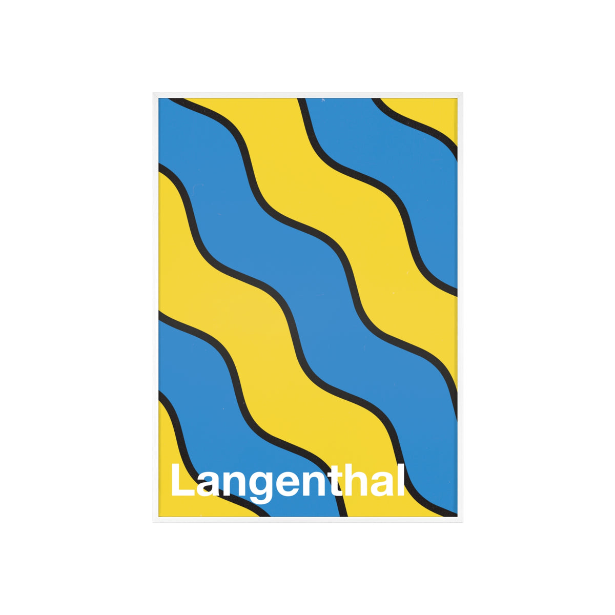 Minimalist framed poster of the Langenthal coat of arms featuring blue and yellow wavy stripes, set in a natural wood frame on an interior console table.