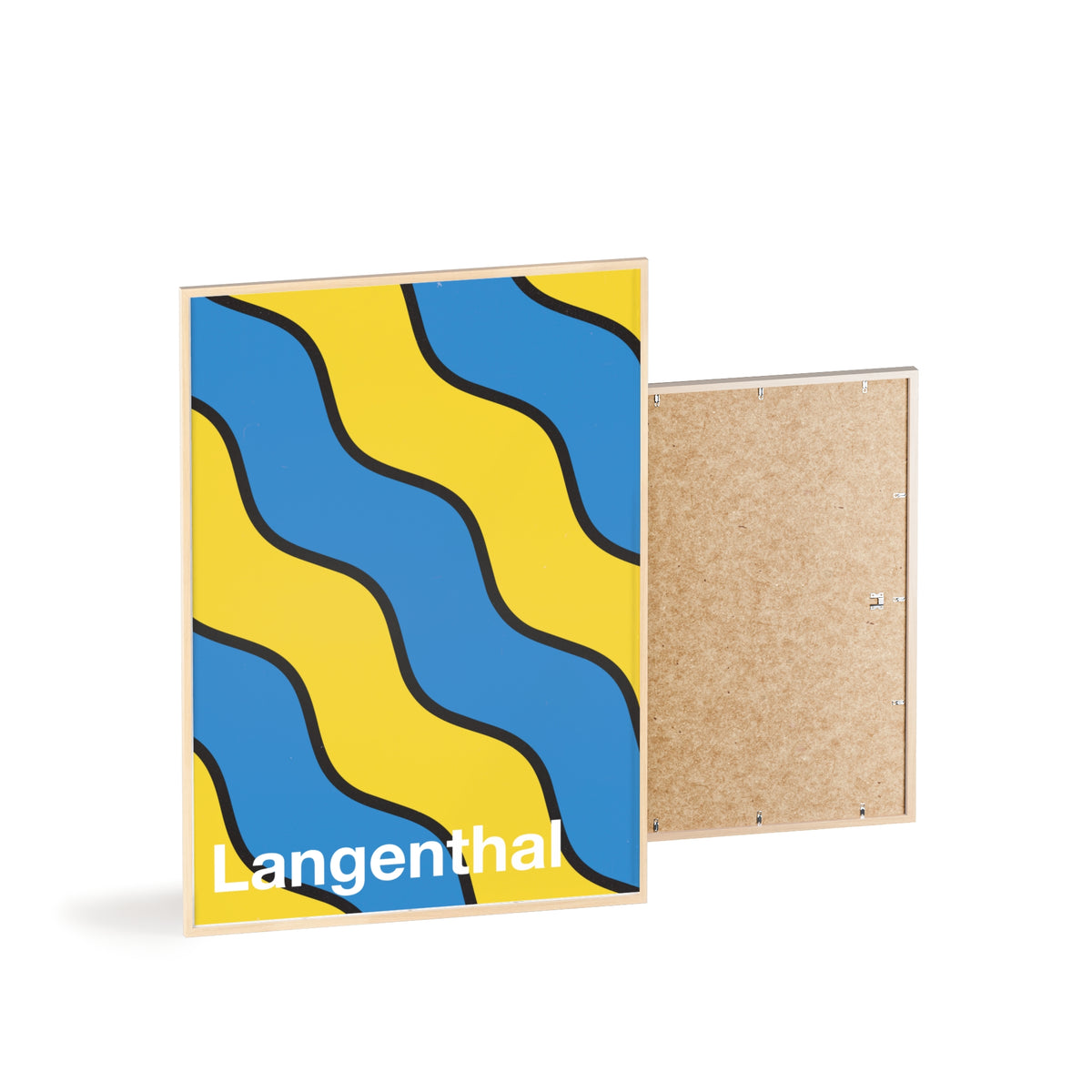 Minimalist framed poster of the Langenthal coat of arms featuring blue and yellow wavy stripes, set in a natural wood frame on an interior console table.