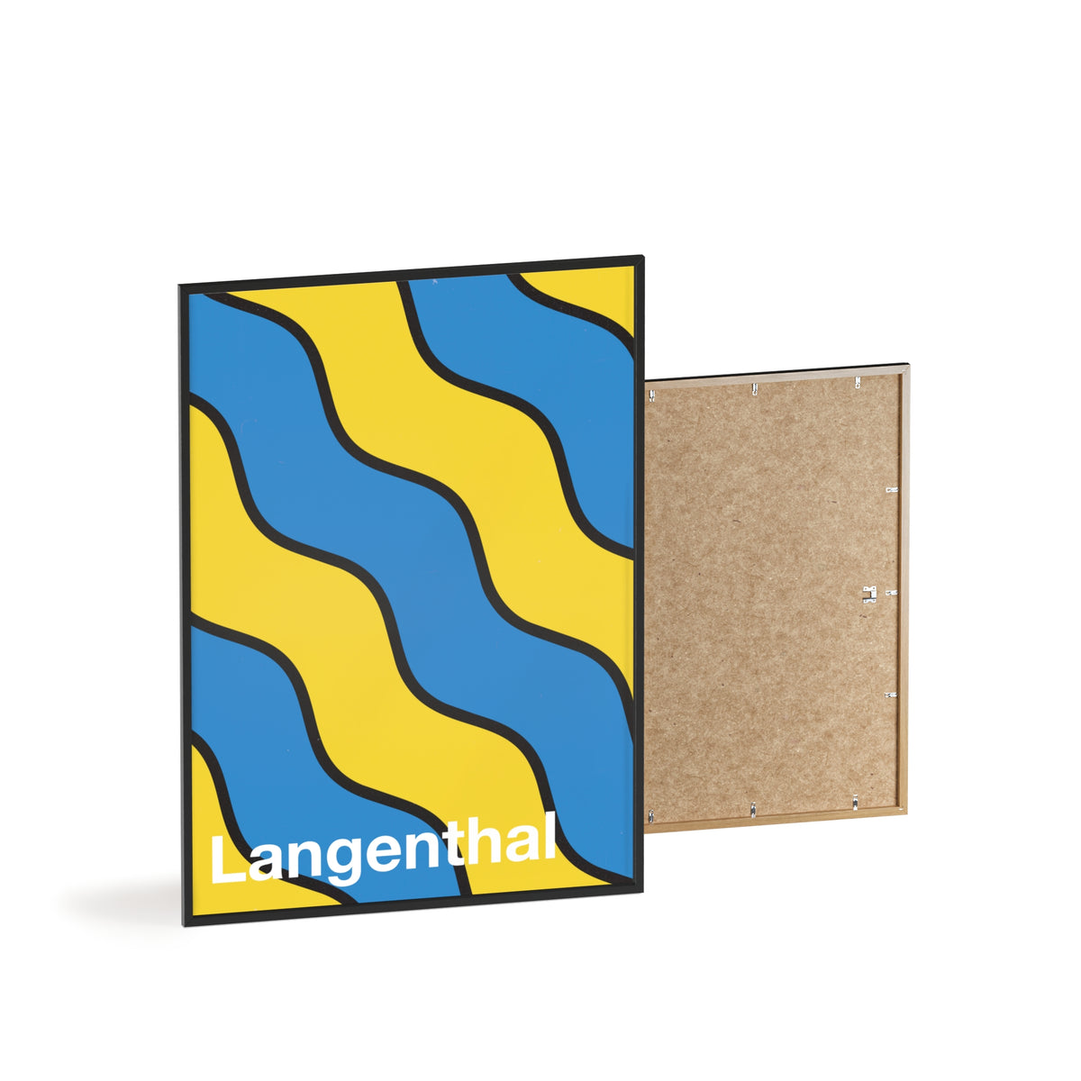 Minimalist framed poster of the Langenthal coat of arms featuring blue and yellow wavy stripes, set in a natural wood frame on an interior console table.