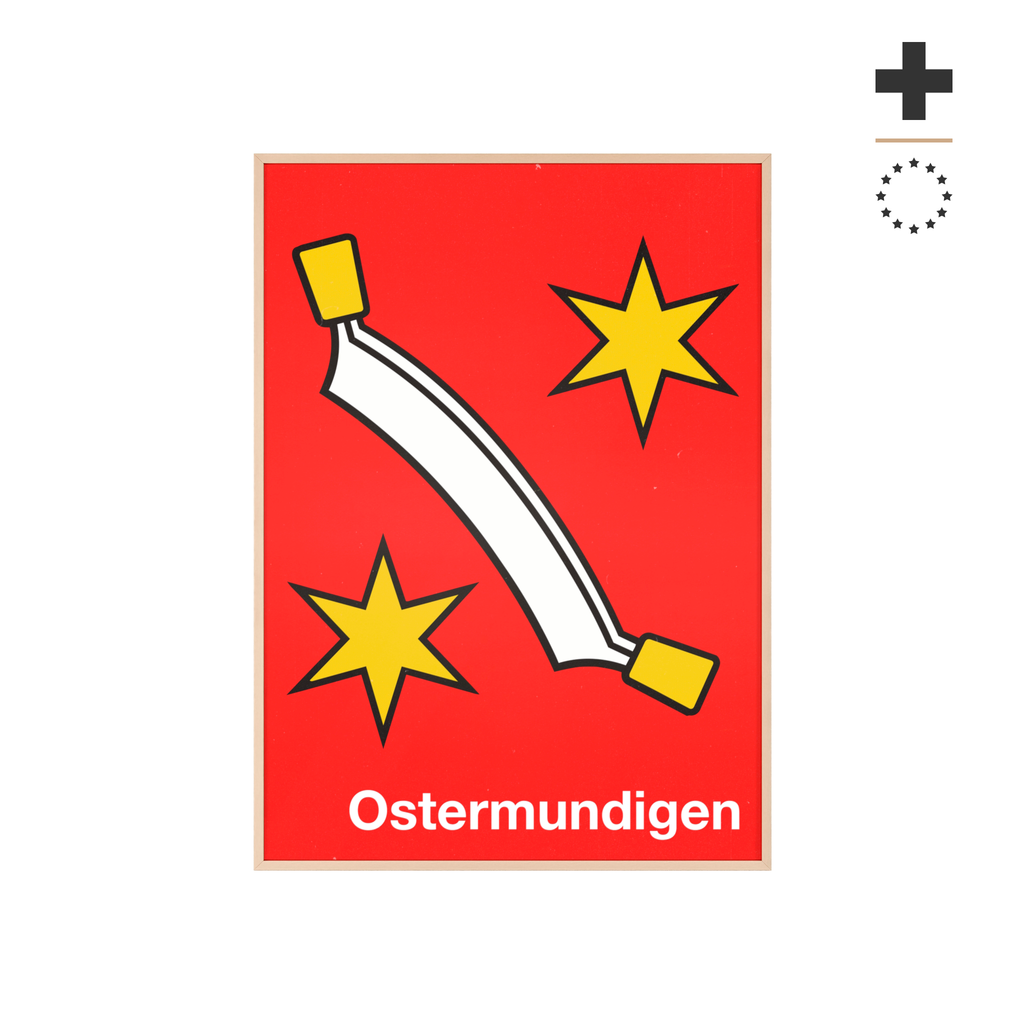 Minimalist framed poster of the Ostermundigen coat of arms with a white curved blade and yellow stars on red, displayed in a natural pinewood frame.