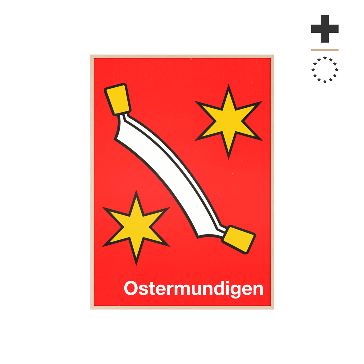 Minimalist framed poster of the Ostermundigen coat of arms with a white curved blade and yellow stars on red, displayed in a natural pinewood frame.