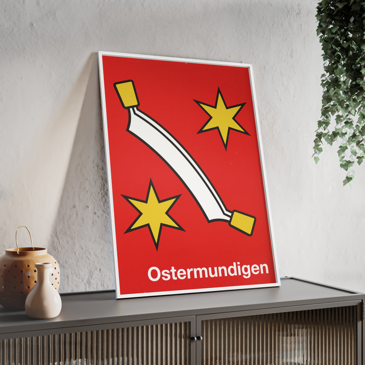 Minimalist framed poster of the Ostermundigen coat of arms with a white curved blade and yellow stars on red, displayed in a natural pinewood frame.