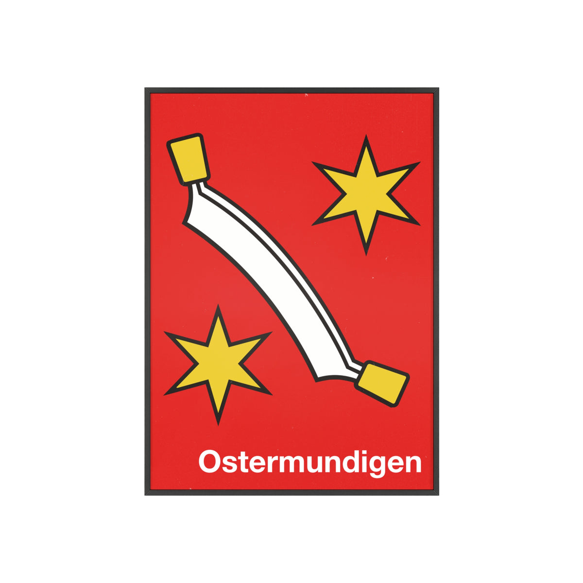 Minimalist framed poster of the Ostermundigen coat of arms with a white curved blade and yellow stars on red, displayed in a natural pinewood frame.