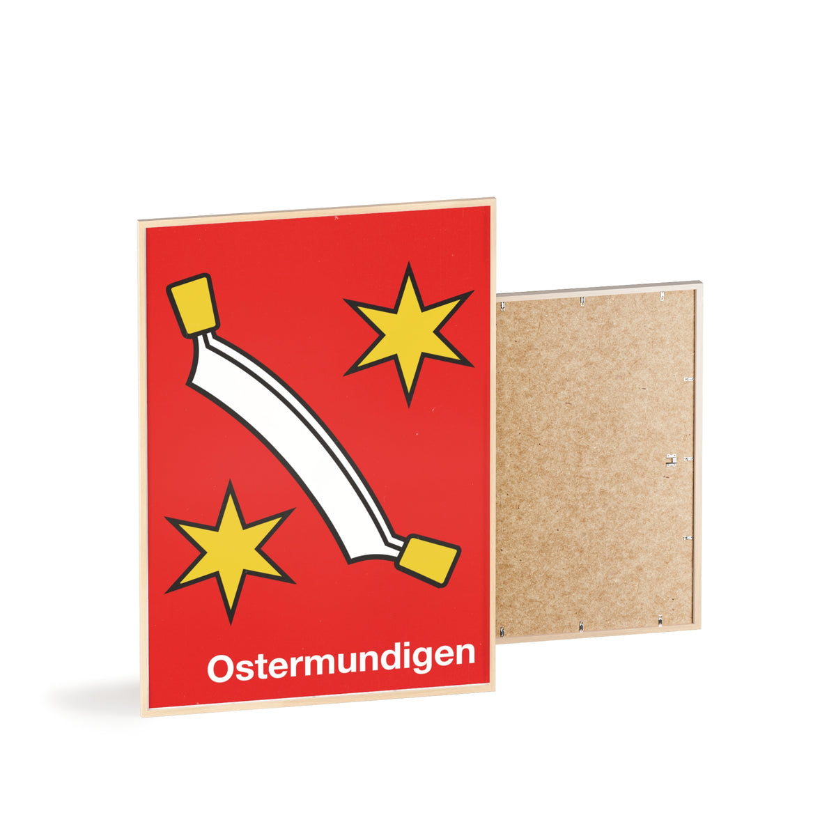 Minimalist framed poster of the Ostermundigen coat of arms with a white curved blade and yellow stars on red, displayed in a natural pinewood frame.