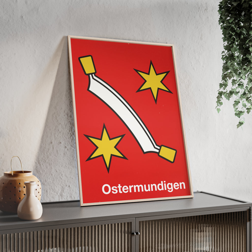 Minimalist framed poster of the Ostermundigen coat of arms with a white curved blade and yellow stars on red, displayed in a natural pinewood frame.
