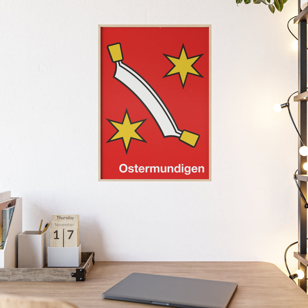 Minimalist framed poster of the Ostermundigen coat of arms with a white curved blade and yellow stars on red, displayed in a natural pinewood frame.