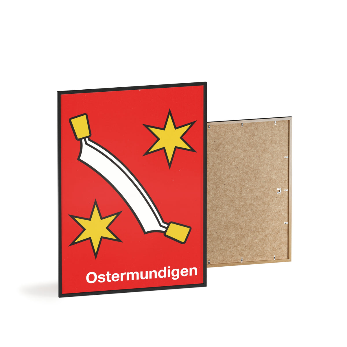 Minimalist framed poster of the Ostermundigen coat of arms with a white curved blade and yellow stars on red, displayed in a natural pinewood frame.
