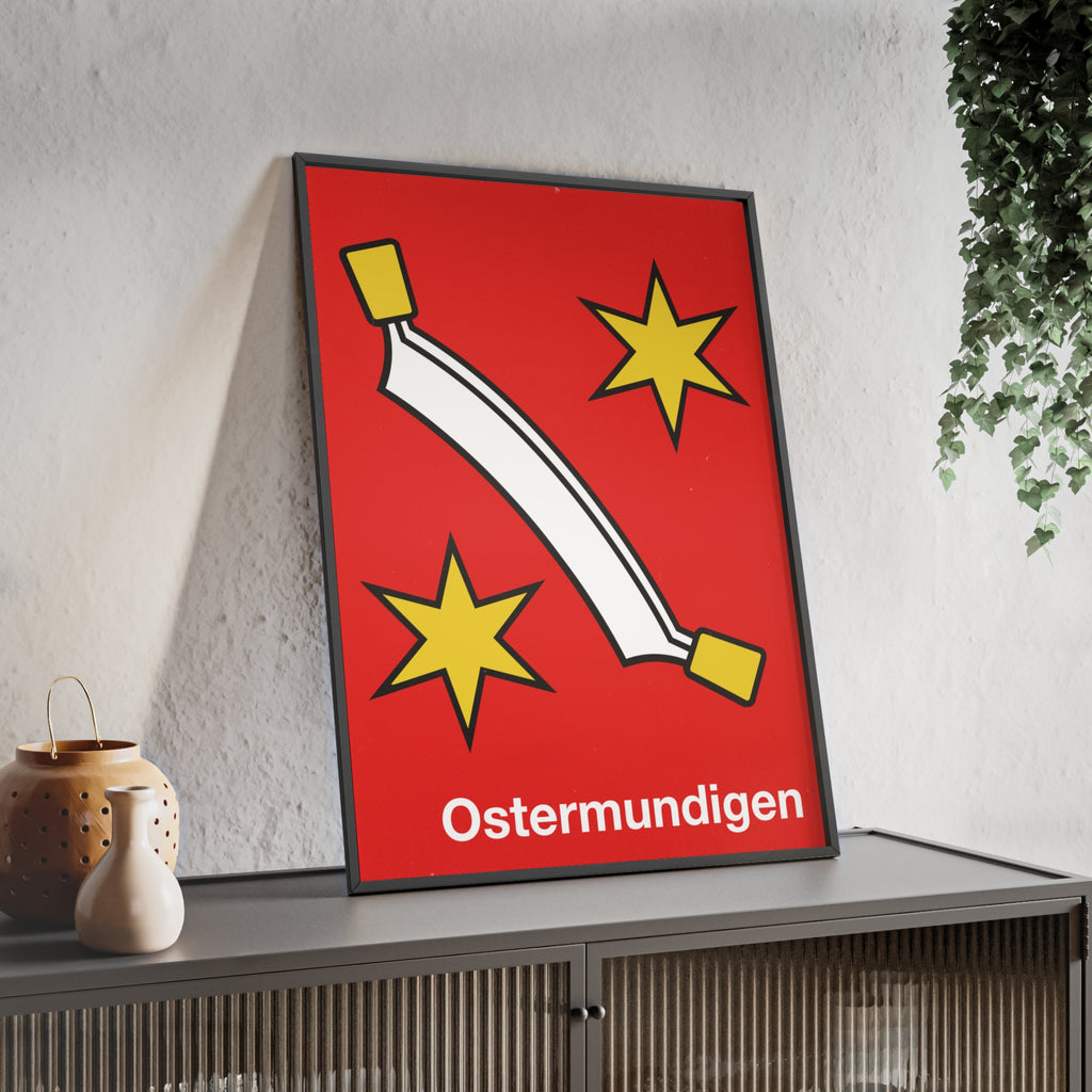 Minimalist framed poster of the Ostermundigen coat of arms with a white curved blade and yellow stars on red, displayed in a natural pinewood frame.