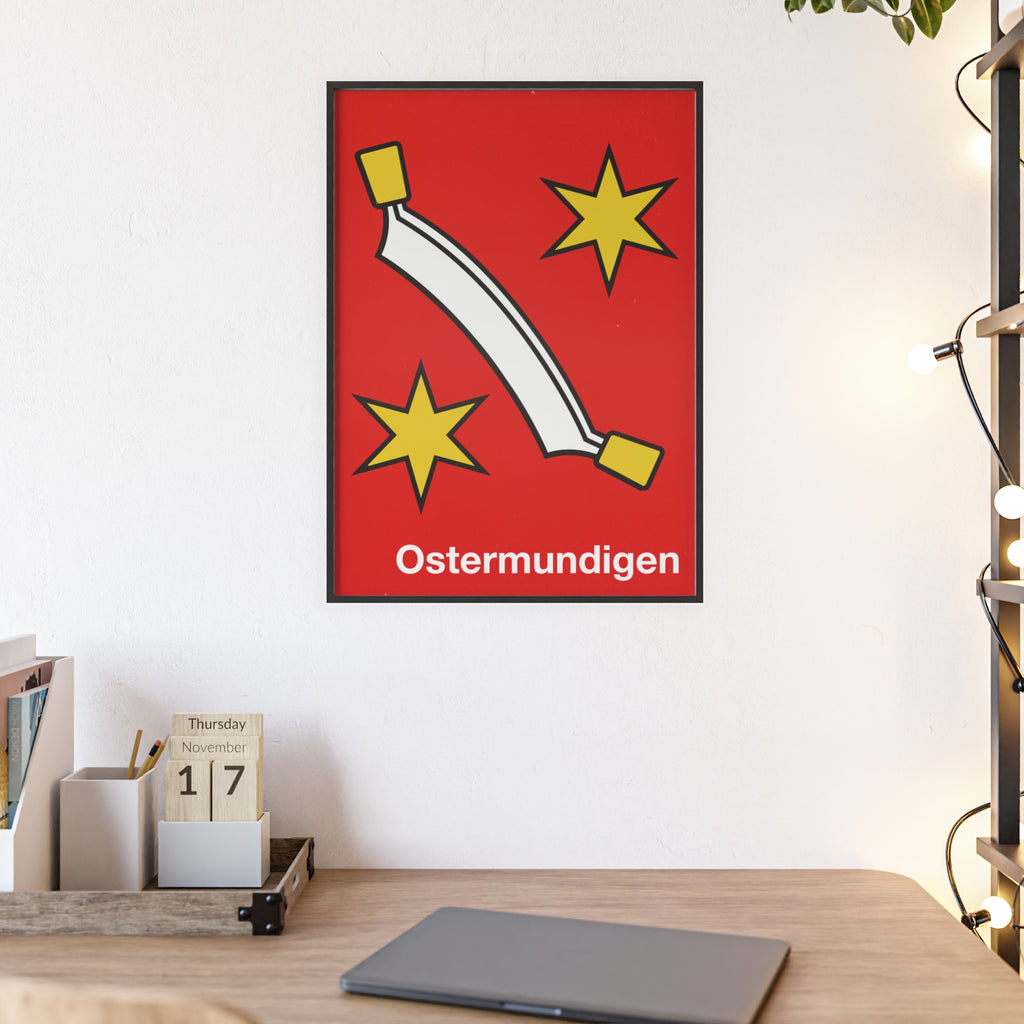 Minimalist framed poster of the Ostermundigen coat of arms with a white curved blade and yellow stars on red, displayed in a natural pinewood frame.