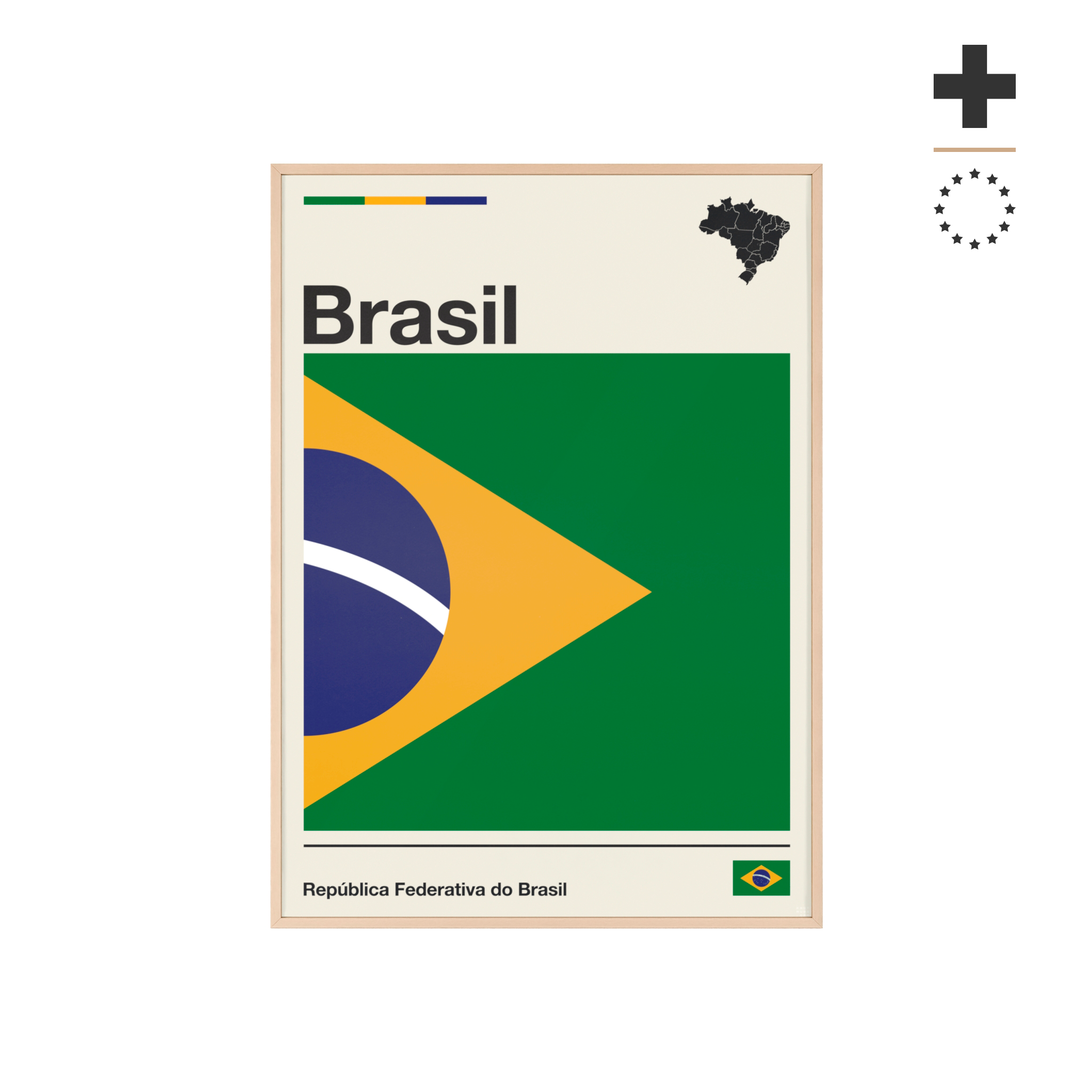 Minimalist framed Brazil flag poster in modernist style, featuring a green and yellow geometric design on an off-white background with 'Brasil' and 'República Federativa do Brasil' typography. Large 50x70 cm vertical format in a natural pinewood frame.