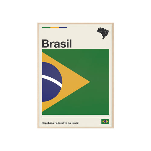 Minimalist framed Brazil flag poster in modernist style, featuring a green and yellow geometric design on an off-white background with 'Brasil' and 'República Federativa do Brasil' typography. Large 50x70 cm vertical format in a natural pinewood frame.