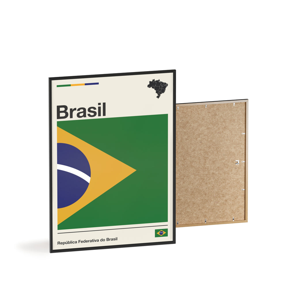 Minimalist framed Brazil flag poster in modernist style, featuring a green and yellow geometric design on an off-white background with 'Brasil' and 'República Federativa do Brasil' typography. Large 50x70 cm vertical format in a natural pinewood frame.