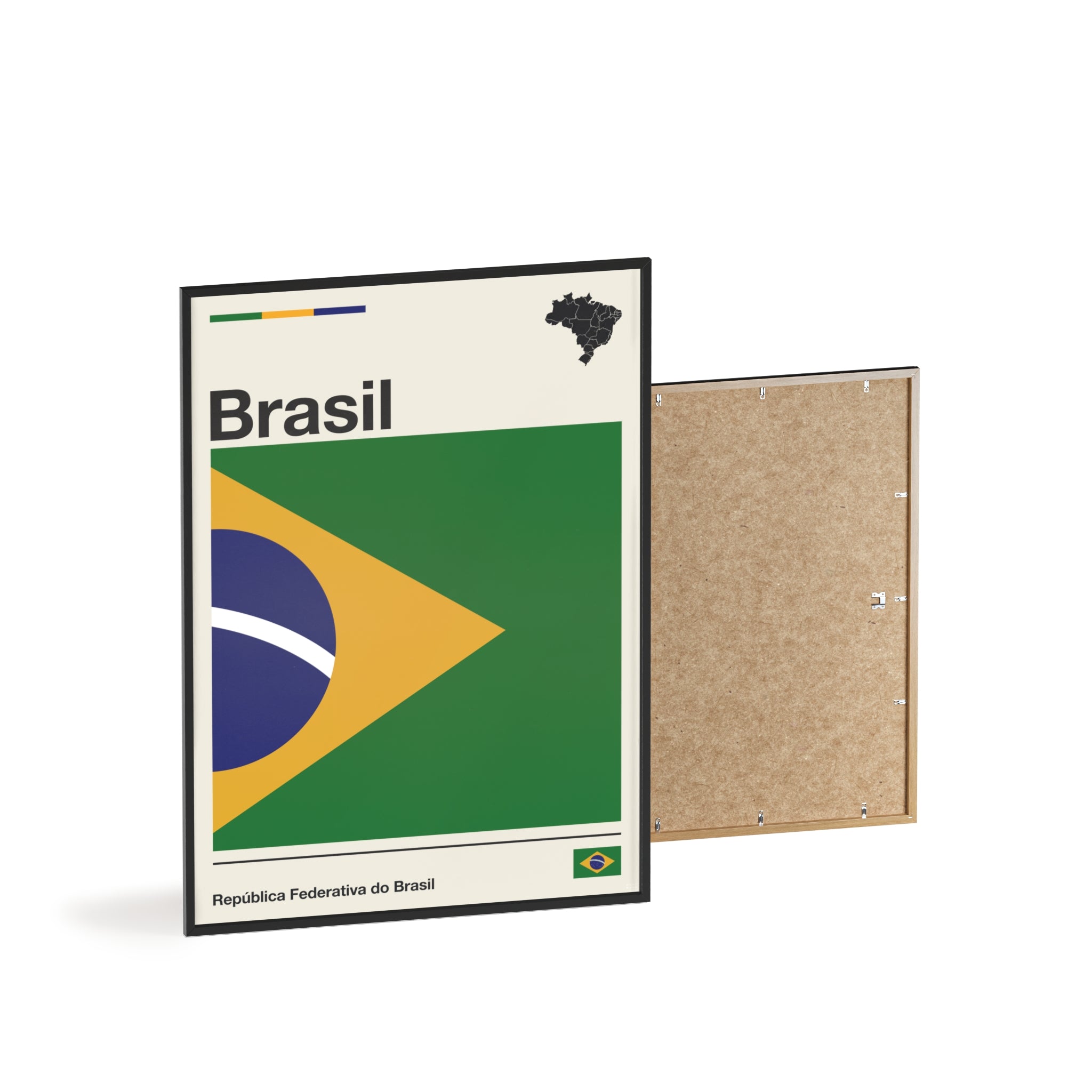 Minimalist framed Brazil flag poster in modernist style, featuring a green and yellow geometric design on an off-white background with 'Brasil' and 'República Federativa do Brasil' typography. Large 50x70 cm vertical format in a natural pinewood frame.
