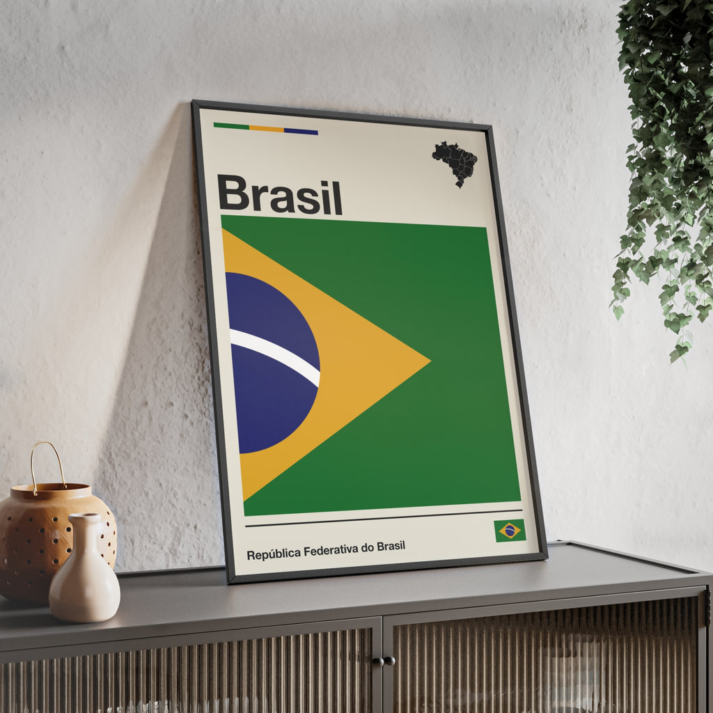 Minimalist framed Brazil flag poster in modernist style, featuring a green and yellow geometric design on an off-white background with 'Brasil' and 'República Federativa do Brasil' typography. Large 50x70 cm vertical format in a natural pinewood frame.