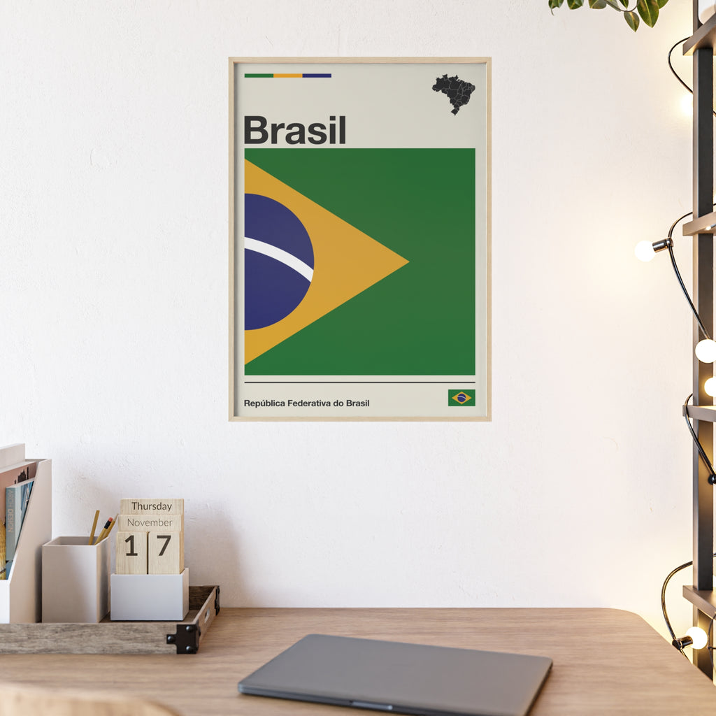Minimalist framed Brazil flag poster in modernist style, featuring a green and yellow geometric design on an off-white background with 'Brasil' and 'República Federativa do Brasil' typography. Large 50x70 cm vertical format in a natural pinewood frame.