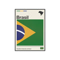 Minimalist framed Brazil flag poster in modernist style, featuring a green and yellow geometric design on an off-white background with 'Brasil' and 'República Federativa do Brasil' typography. Large 50x70 cm vertical format in a natural pinewood frame.