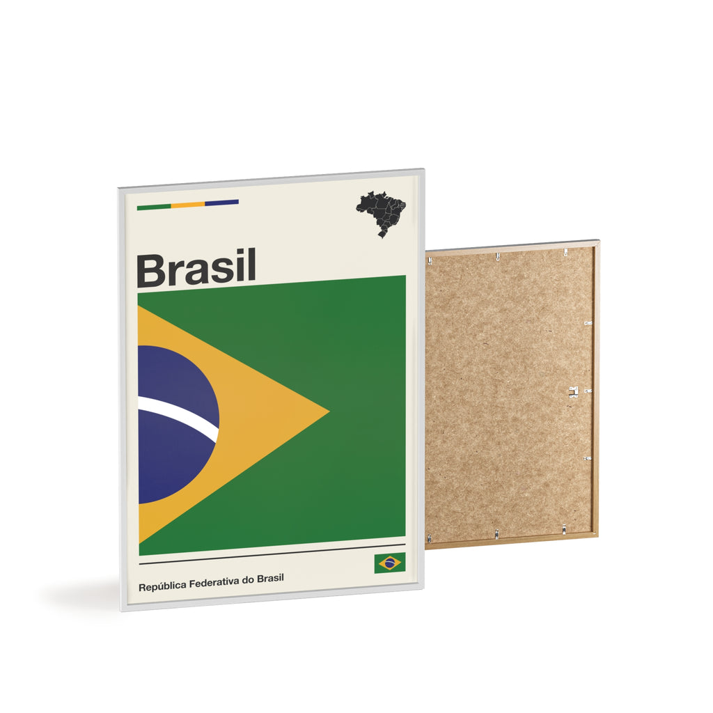 Minimalist framed Brazil flag poster in modernist style, featuring a green and yellow geometric design on an off-white background with 'Brasil' and 'República Federativa do Brasil' typography. Large 50x70 cm vertical format in a natural pinewood frame.