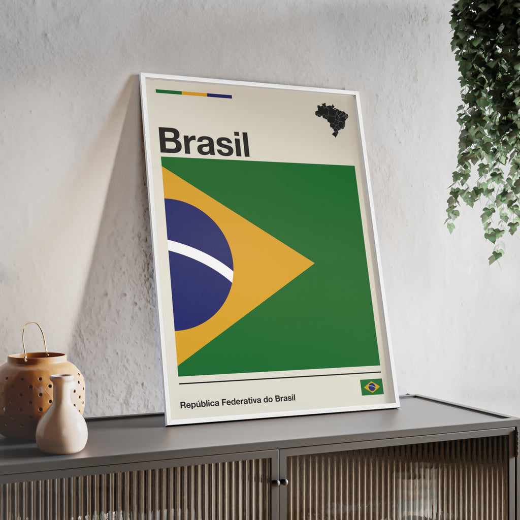 Minimalist framed Brazil flag poster in modernist style, featuring a green and yellow geometric design on an off-white background with 'Brasil' and 'República Federativa do Brasil' typography. Large 50x70 cm vertical format in a natural pinewood frame.