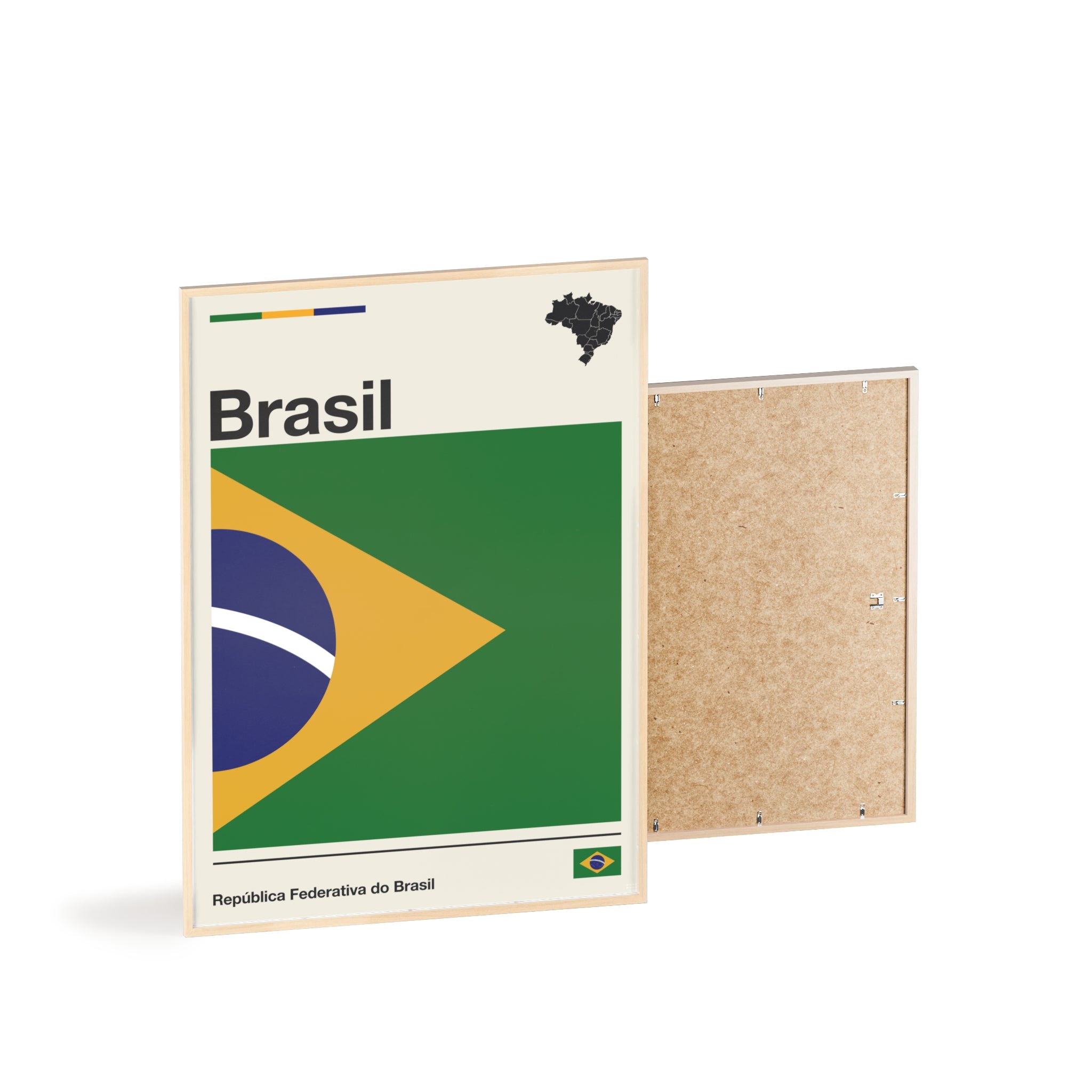 Minimalist framed Brazil flag poster in modernist style, featuring a green and yellow geometric design on an off-white background with 'Brasil' and 'República Federativa do Brasil' typography. Large 50x70 cm vertical format in a natural pinewood frame.