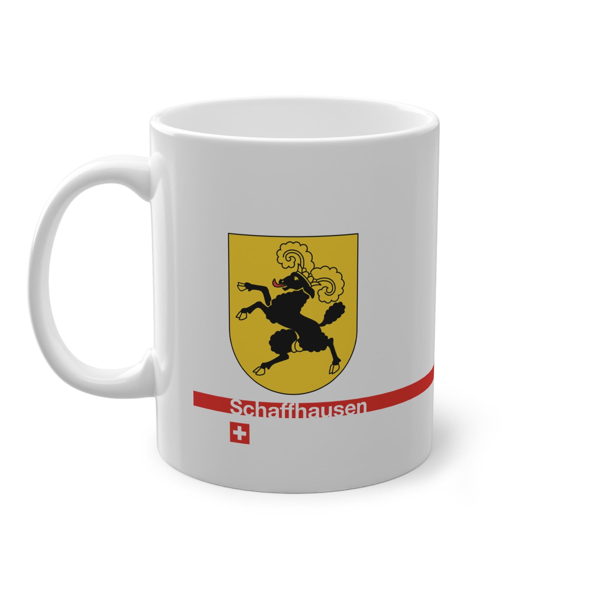 White ceramic mug featuring the golden Canton of Schaffhausen coat of arms with a black ram, a modern red horizontal line with 'Schaffhausen' text, and a small Swiss cross below.