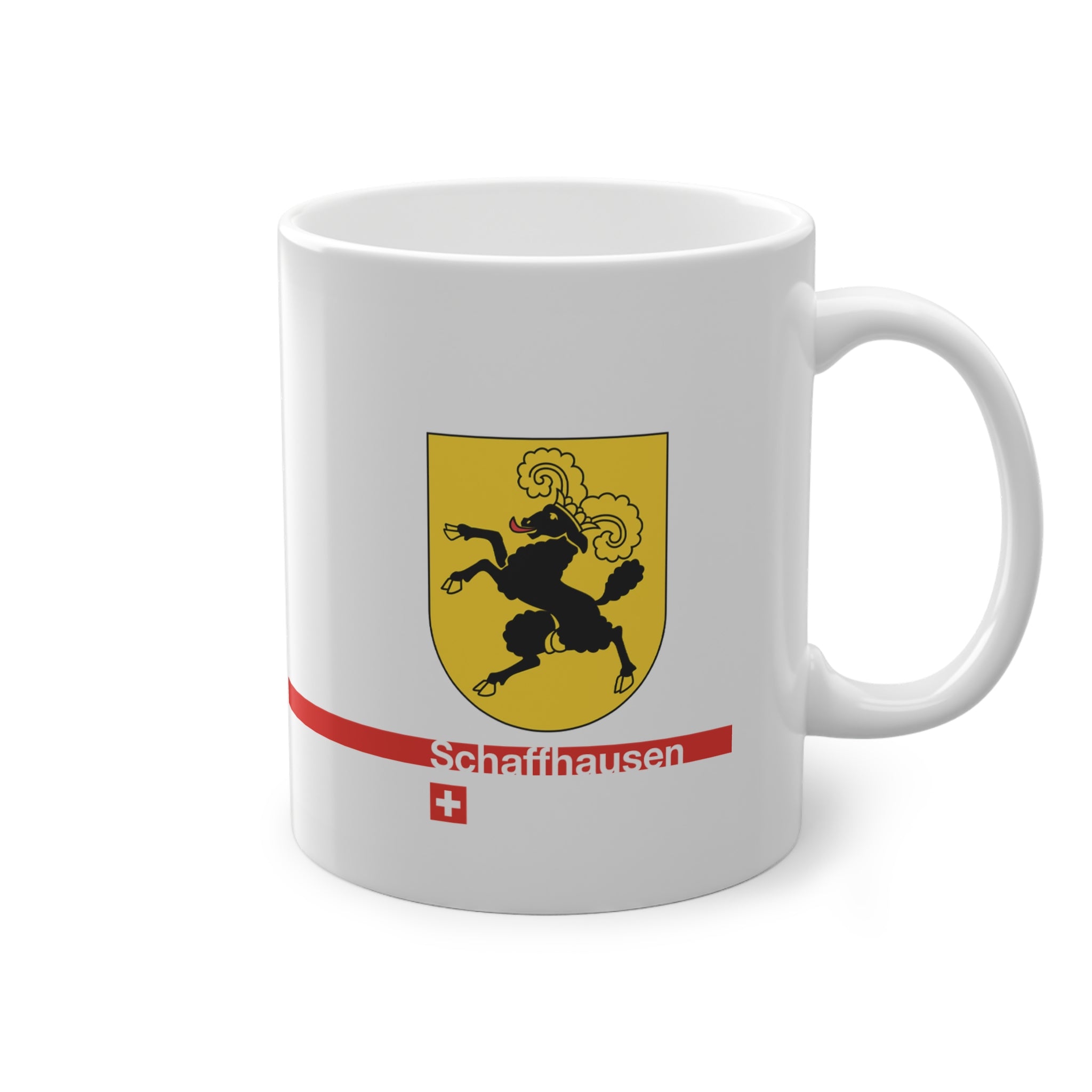 White ceramic mug featuring the golden Canton of Schaffhausen coat of arms with a black ram, a modern red horizontal line with 'Schaffhausen' text, and a small Swiss cross below.