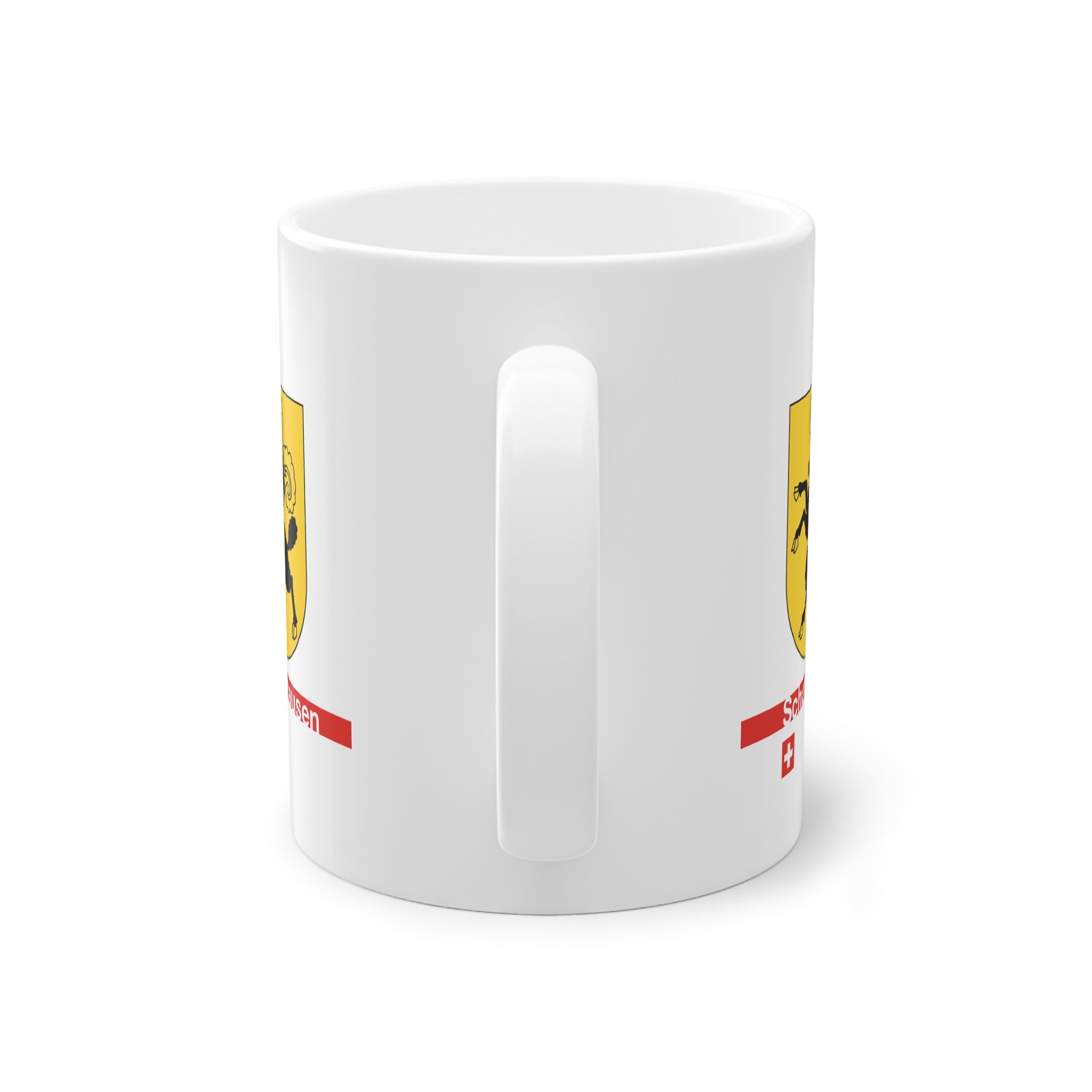 White ceramic mug featuring the golden Canton of Schaffhausen coat of arms with a black ram, a modern red horizontal line with 'Schaffhausen' text, and a small Swiss cross below.