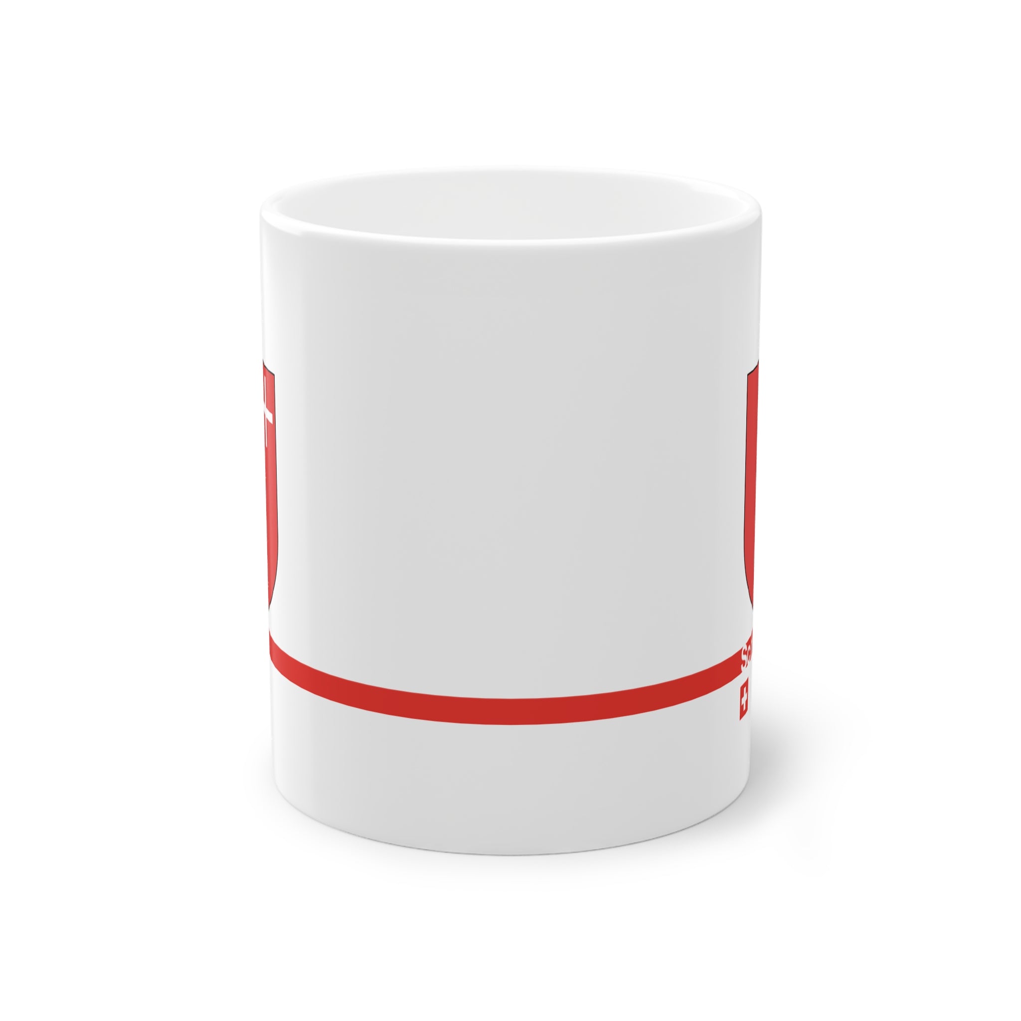 White ceramic mug featuring the red Canton of Schwyz coat of arms with a small white cross, a modern red horizontal line with 'Schwyz' text, and a small Swiss cross below.