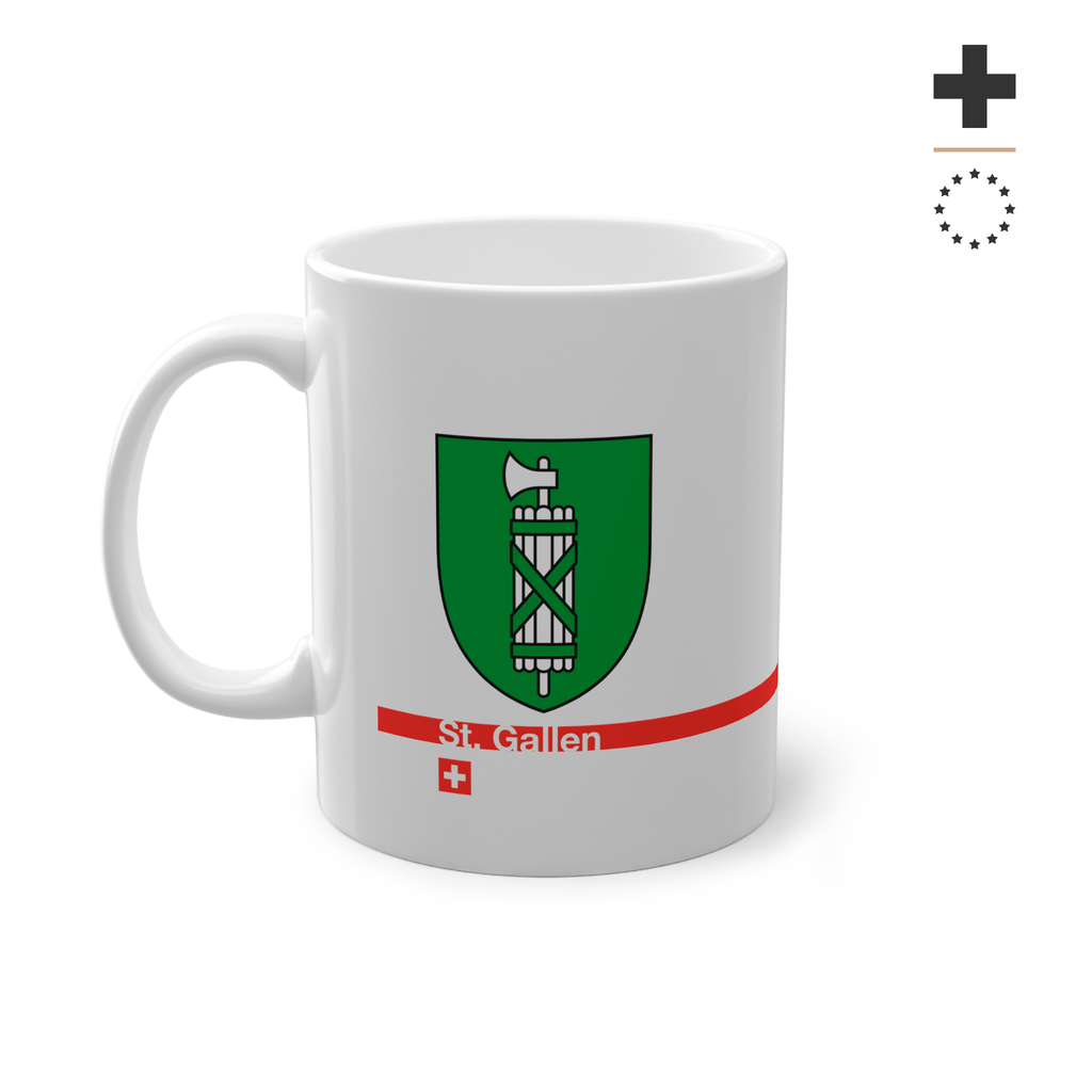 White ceramic mug featuring the green and silver Canton of St. Gallen coat of arms (fasces), a modern red horizontal line with 'St. Gallen' text, and a small Swiss cross below.