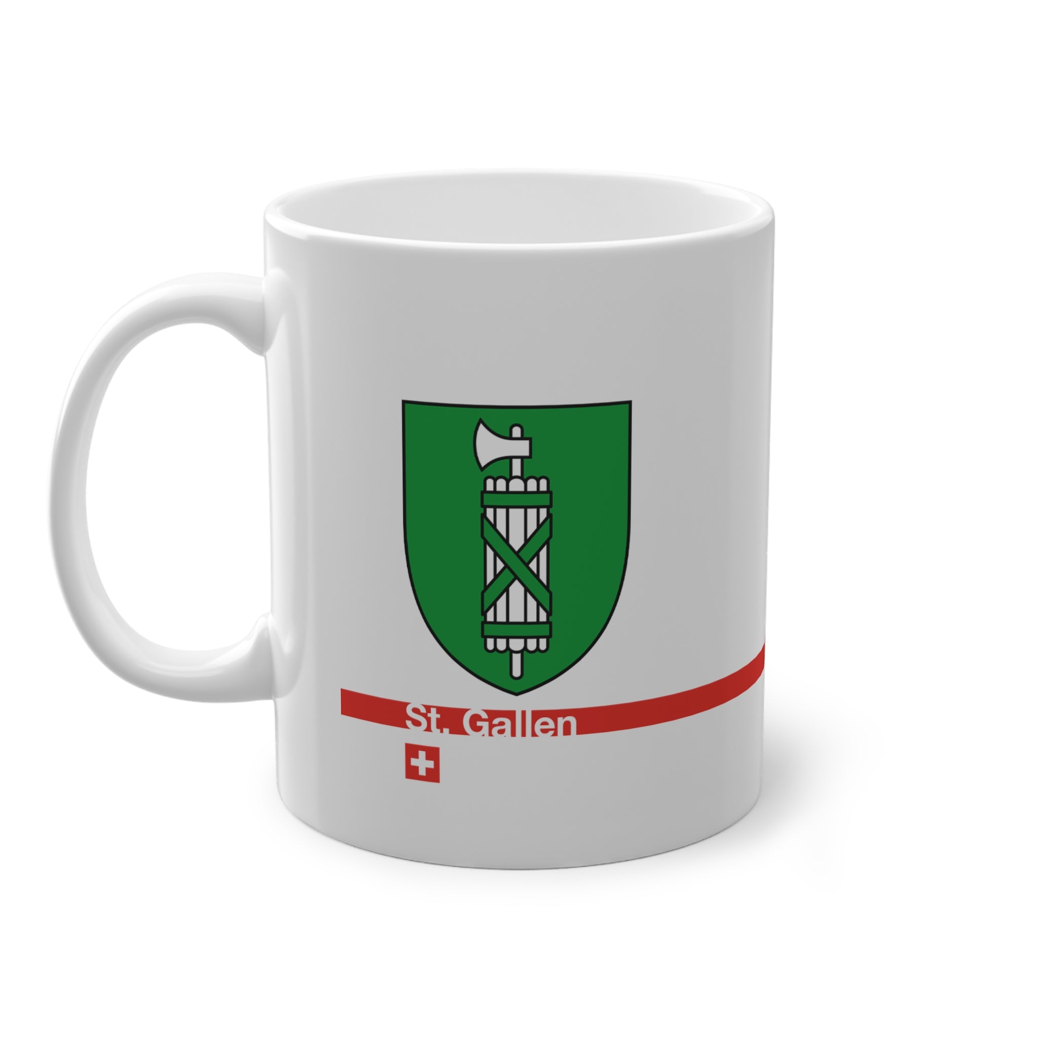 White ceramic mug featuring the green and silver Canton of St. Gallen coat of arms (fasces), a modern red horizontal line with 'St. Gallen' text, and a small Swiss cross below.