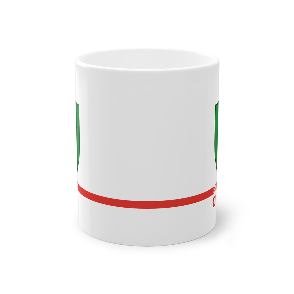 White ceramic mug featuring the green and silver Canton of St. Gallen coat of arms (fasces), a modern red horizontal line with 'St. Gallen' text, and a small Swiss cross below.