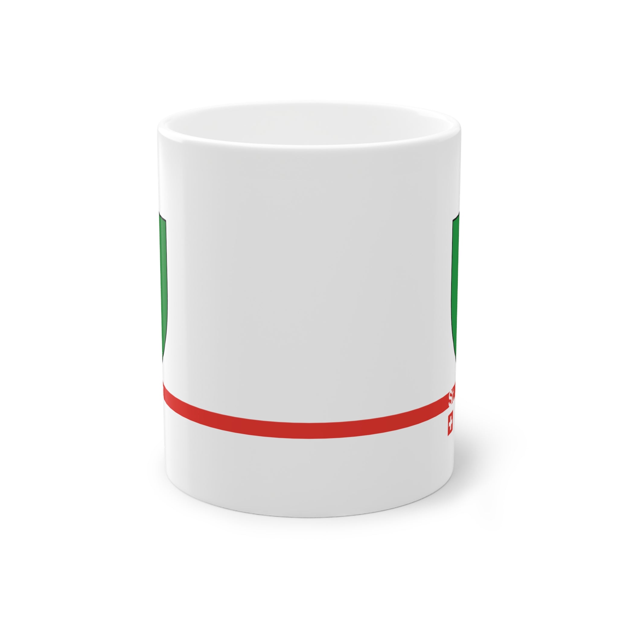 White ceramic mug featuring the green and silver Canton of St. Gallen coat of arms (fasces), a modern red horizontal line with 'St. Gallen' text, and a small Swiss cross below.